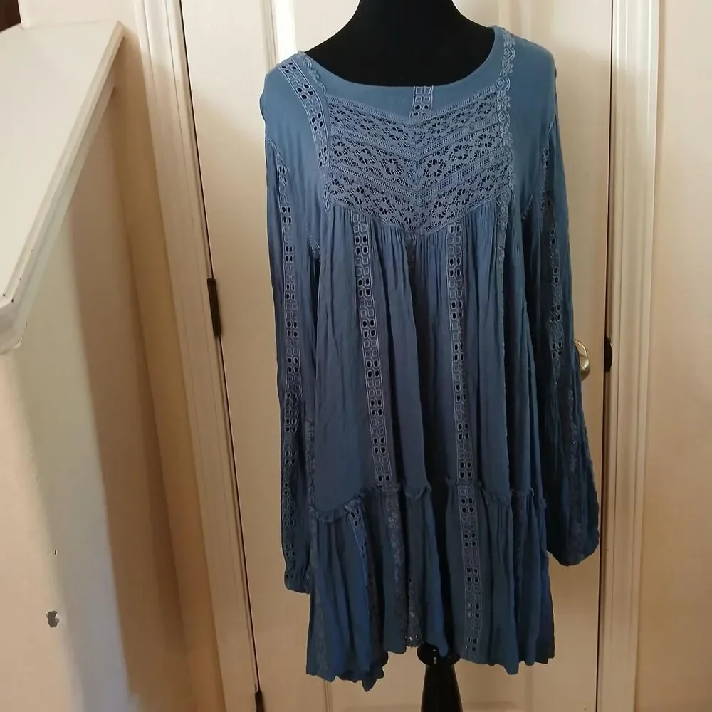 Free People Kiss Kiss Blue Embroidered Lace Tunic Dress L Boho Festival Fairy